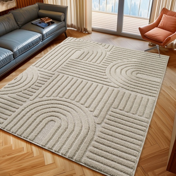 Large Beige Area Rug | Soft 8mm Pile | 3D Scandinavian Boho Design