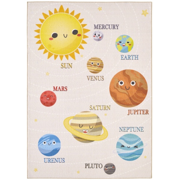 Beige Kid's Rug with a Planets Design for Nursery, Playroom