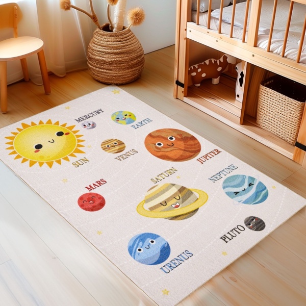 Beige Kid's Rug with a Planets Design for Nursery, Playroom