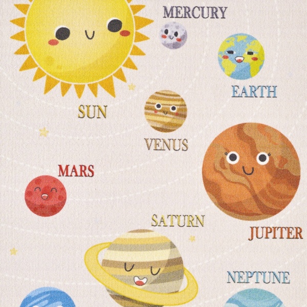 Beige Kid's Rug with a Planets Design for Nursery, Playroom