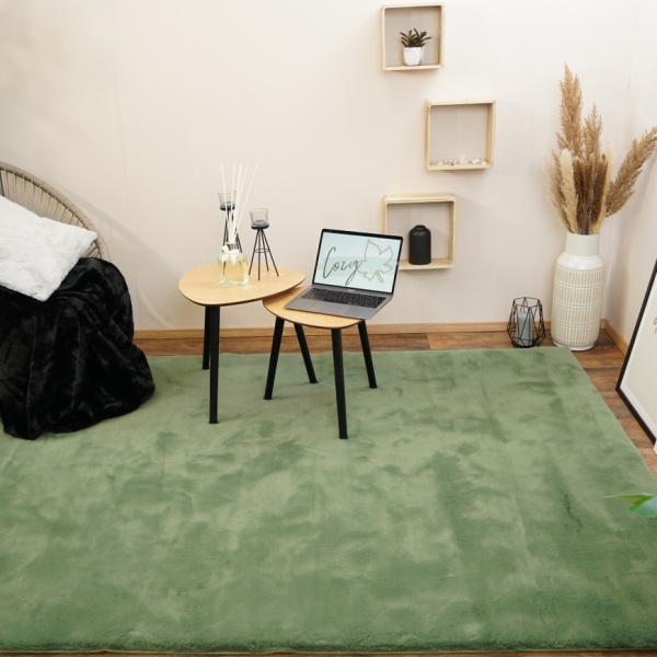 Luxury Faux Rabbit Fur Olive Green Area Rug - Soft & Elegant