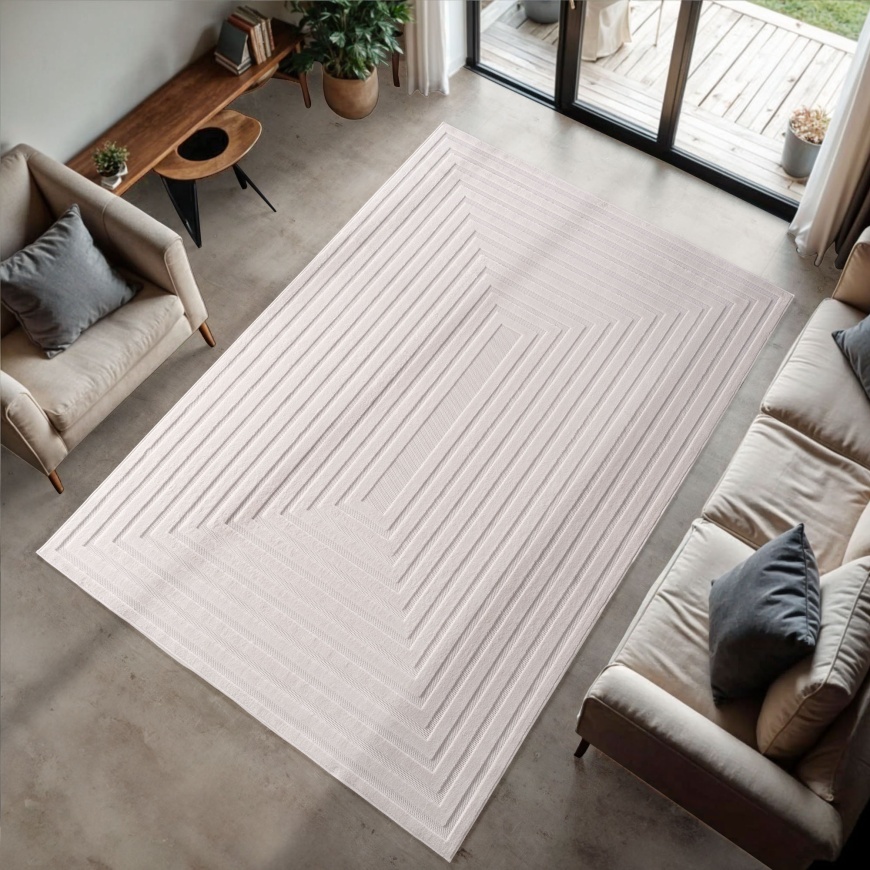 Timeless Cream Geometric Area Rug | Easy-Care High-Low Elegance